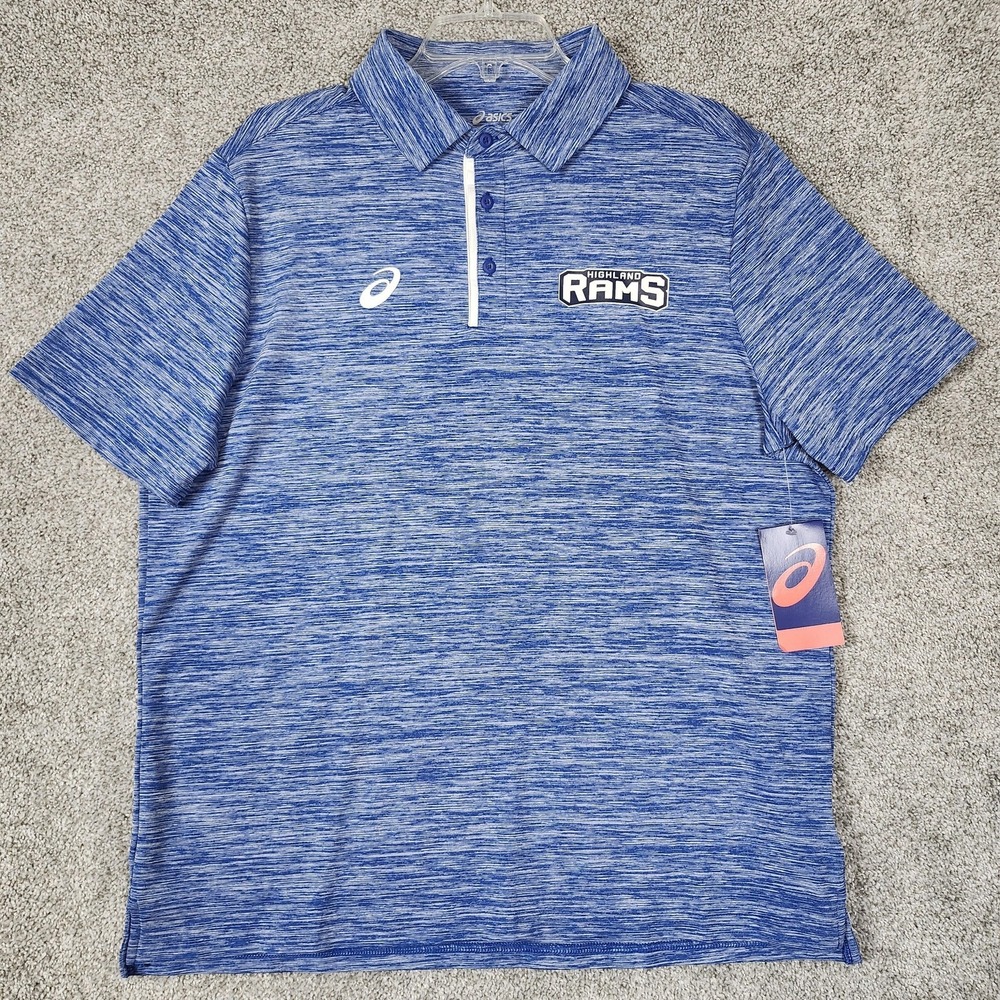 ASICS Polo Shirt Mens Large Blue Highland Rams Power Polo Royal Heather Stretch
